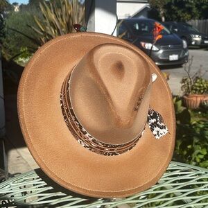 Stylish Tan Fedora Hat with Animal Print Band